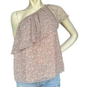 Rebecca Minkoff Pink Floral Print Tiered Ruffled One Shoulder Shirt Size Small